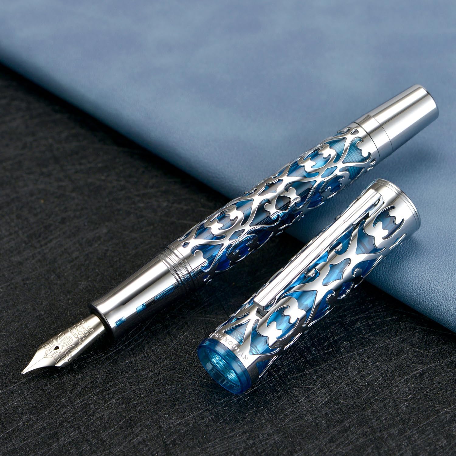 Hongdian D1 Piston Fountain Pen Extra Fine Soft Nib, Silver Blue Hollow Skeleton & Resin Pen with Metal Case Set