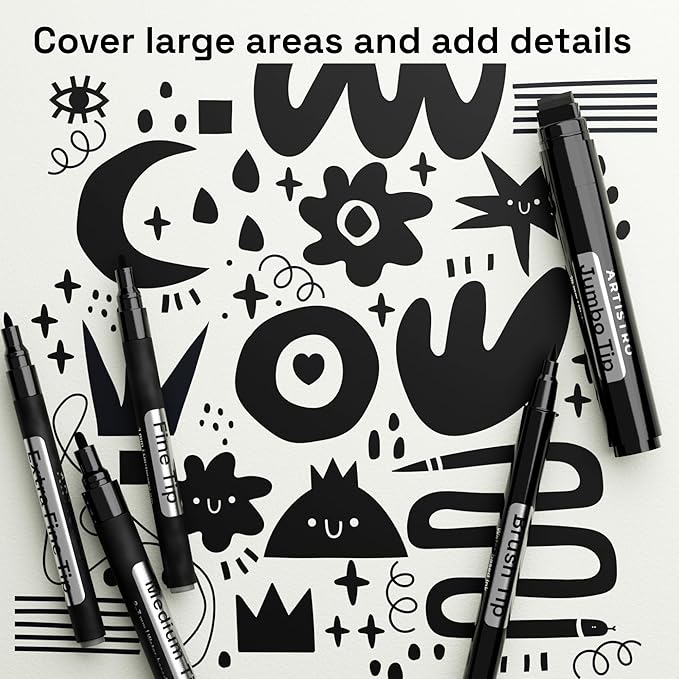ARTISTRO 5 Black Acrylic Paint Pens, Acrylic Paint Markers Different Tip, Fabric Markers for Textile, Canvas, Rock, Glass, Wood, Paper, DYI, Pens for Kids and Adults