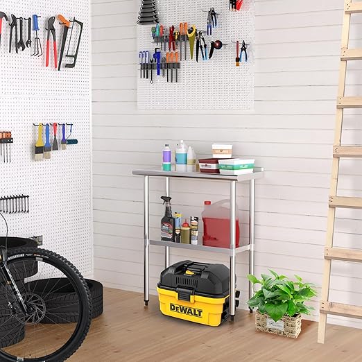 Stainless Steel Table 14 x 30 Inches Metal Prep Table with Backsplash & Adjustable Undershelf for Commercial Kitchen, Outdoor, Restaurant, Hotel & Garage