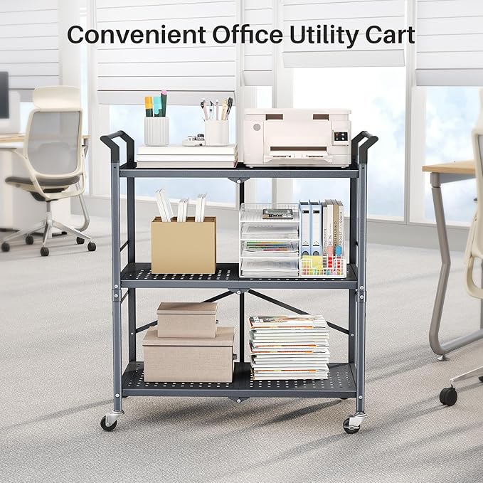 Rolling Utility Cart Folding Cart with Wheels - 3 Tier Collapsible Metal Cart, Large Capacity