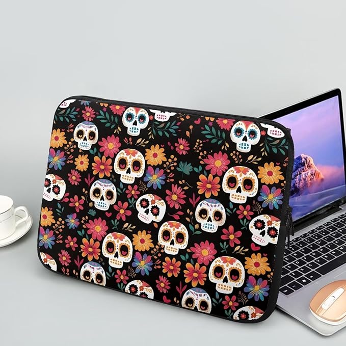 Skull Printed Computer Carrying Cover with Floral Print Laptop Case Bag Easy to Carry Computer Bag, 13 Inch Lightweight Laptop Briefcase Messenger Bag for Women