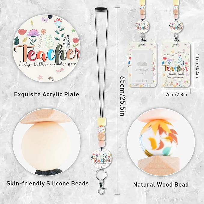Teacher Lanyard with ID Holder, Floral Flowers Inspirational Quotes Cute Badge Holder with Beaded Adjustable Lanyard, Teacher Gifts for Women