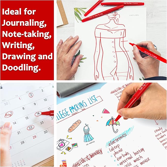 Lelix Felt Tip Pens, 30 Red Pens, 0.7mm Medium Point Felt Pens, Felt Tip Markers Pens for Journaling, Writing, Note Taking, Planner, Perfect for Art Office and School Supplies