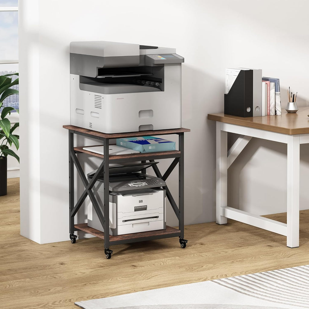 23.6 x 23.6 Inches Large Printer Stand, 3 Tier Square Printer Table with Height Adjustable Storage Shelf, Rolling Printer Cart with Industrial Wheels for Home Office - Rustic Brown
