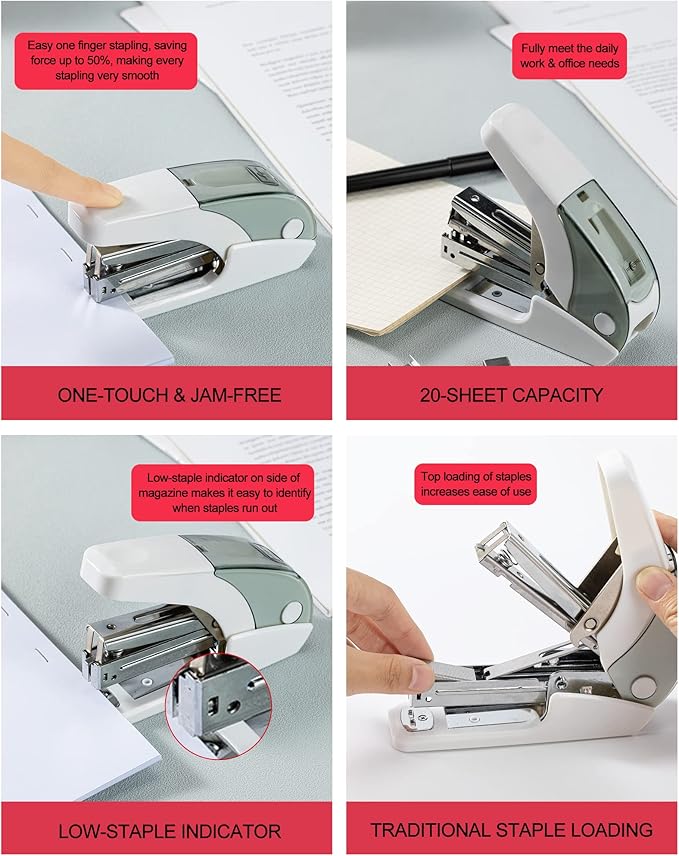 PAPERPAL Effortless Standard Stapler Set, 20 Sheet Capacity, Half Strip, Built-in Staples Storage, Holds 1/4" Staples, Includes 1000 Staples and A Staple Remover, Office, School & Personal Use, White