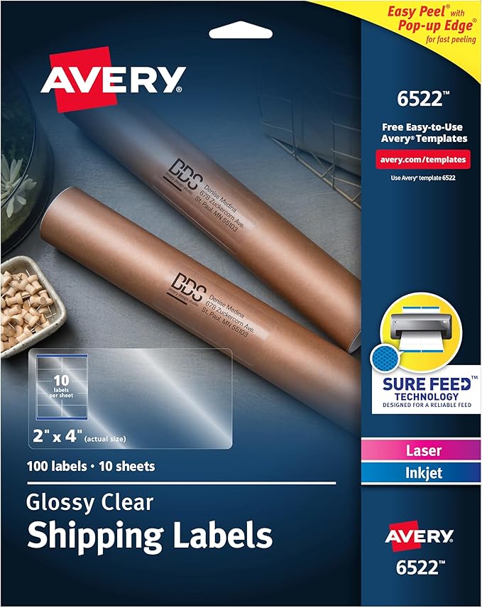Avery Crystal Clear Address Labels for Laser & Inkjet Printers, 2" x 4", 100 Labels, 5 Packs (6522)