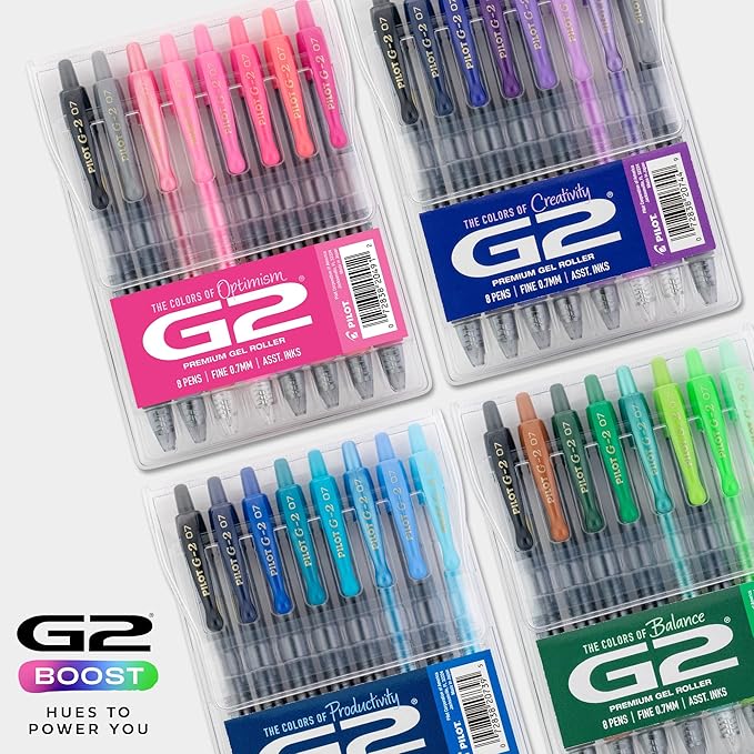 PILOT, G2 Premium Gel Roller Pens, G2 Boost Blues Pack, The Colors of Productivity, 8 Pack Pouch, Fine Point 0.7 mm, Assorted