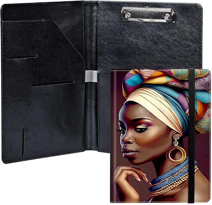 African Women PU Leather Padfolio Clipboard Notepad with Pen Loop and Elastic Strap Interview/Resume Document Organizer for Business School Office