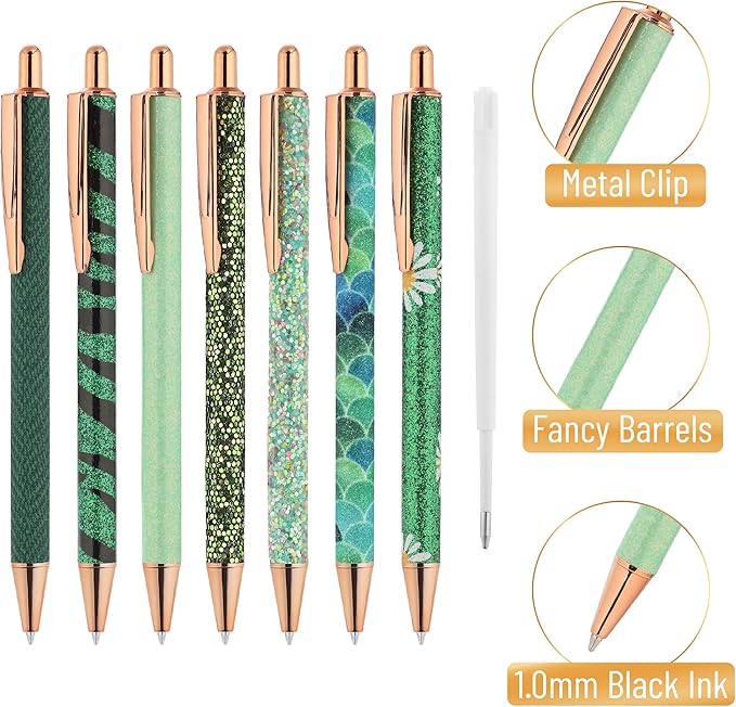Mr. Pen- Fancy Pens for Women, Emerald Enchantment, 7 Black Ink Ballpoint Pens with 10 Refills, 1.0mm, Glitter Cute Pens for Journaling, Sparkly Fancy Pen, Easter Gift