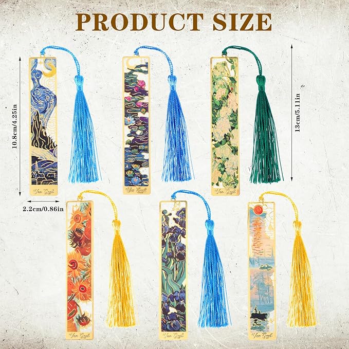 6Pcs Metal Bookmarks with Tassel, Golden Hollow Bookmark Metal Van Gogh Bookmarks Gifts for Book Lovers Writers Readers Teachers Students Men Women