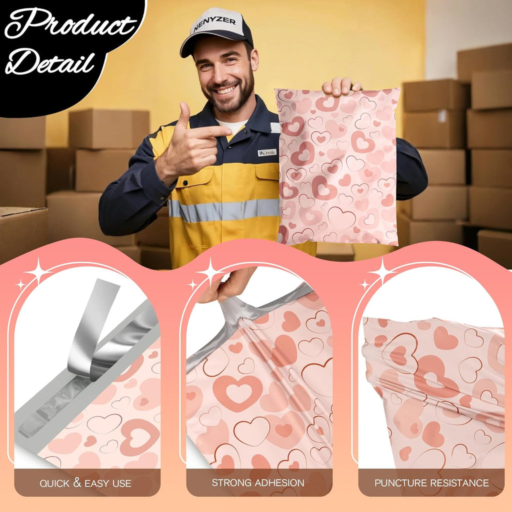 Pink Heart Poly Mailer 14.5x19 Inch 50 Pcs, Waterproof Shipping Bags for Clothing, Tear-Resistant Mailier Bags, Strong Mailing Bags with Self-Seal