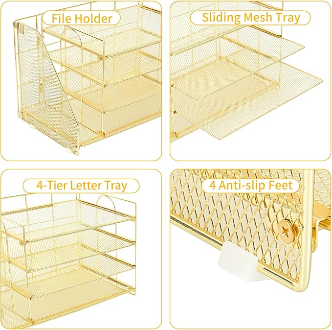 OPNCIE Desk Organizers and Accessories, 4 Tier Paper Letter Tray File Organizer, Office Organization Storage Desk Accessories Workspace Desktop Organizer for Classroom Office Supplies Decor, Gold