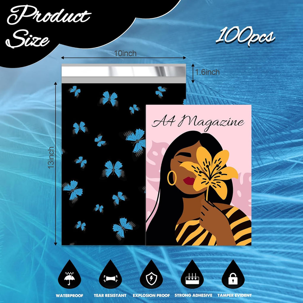 butterfly Poly Mailer 10x13 Inch 100 Pcs, Waterproof Shipping Bags for Clothing, Tear-Resistant Mailier Bags, Strong Mailing Bags with Self-Seal