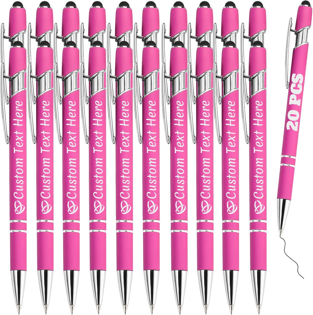 Personalized Pens Bulk 20 with Name Custom Engraving Ballpoint Pens with Stylus Tip Customized Smooth Writing Pens Personalized Gifts for Anniversary Birthday or Graduation(Pink,Black Ink)
