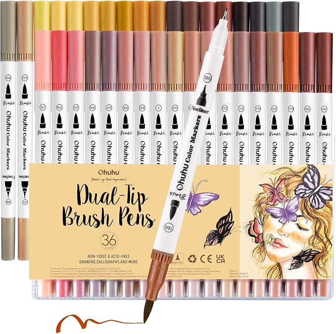 Ohuhu Skin Tone Markers 36 Colors: Dual Tip Brush and Fineliner Markers for Adult Coloring Water Based Art Skintone Marker Pens Set for Portrait Drawing Lettering Writing Calligraphy Journaling - Maui