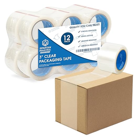 Spartan Industrial - 3" X 60 yd Clear Packing Tape Rolls - 12 of Wide Heavy Duty Tape for Packing, Moving, Shipping, and More - 2.7 Mil