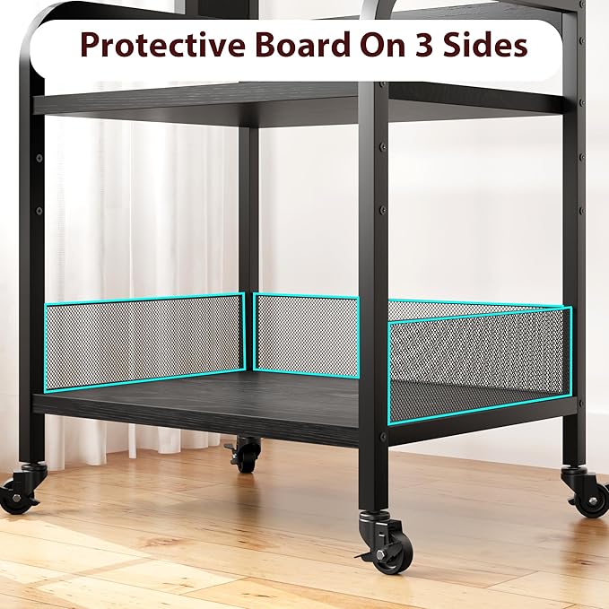 Printer Stand with Power Outlet, Large Printer Table with Adjustable Storage Shelf, 3 Tier Office Rolling Printer Stand with Wheels for Home Office, Fax Machines, Scanners, Rustic Black