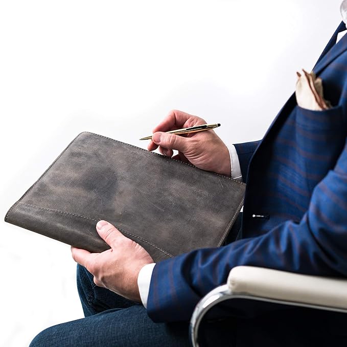 PEGAI Handmade 100% Leather Padfolio, Legal Pad Organizer for Business School Office Conference, Heavy Duty Full Grain Cow Hide Resume Interview Folio, Amazing Gift Idea | Marshall (Rock Gray)