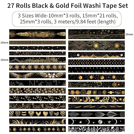 Black Washi Tape Set, 27 Rolls Black Gold Foil Decorative Masking Tape for Bullet Journaling, Scrapbooking Supplies, Watercolor Painting