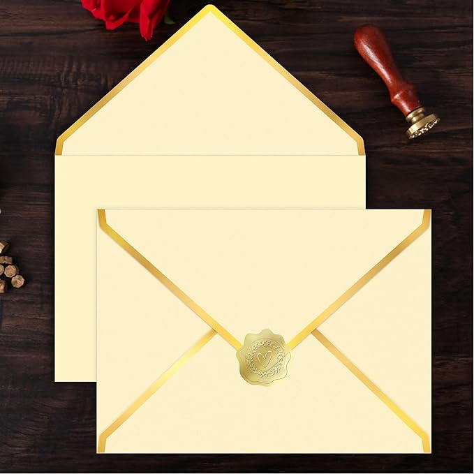 60 Pack Gold Envelopes 5x7 Bulk, 250G Pearled Cardstock A7 Envelopes for Invitations Business Mailing Envelope with Gold Foil Border, A6 4x6 Envelopes for Wedding Baby Shower Cards (Gold)