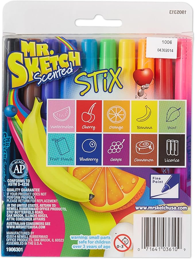 Mr. Sketch Scented Stix Markers, Fine Tip Marker, Assorted Colors, 10 Count