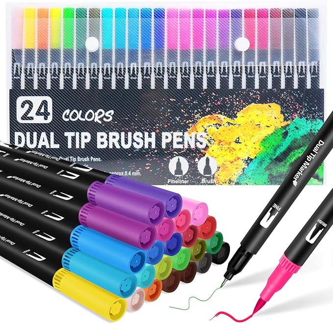 Dual Brush Marker Pens, 24 Colors Art Markers with Fine and Brush Tip Coloring Markers for Adults, Marker for Journaling Calligraphy Drawing Sketching Doodling Illustrating