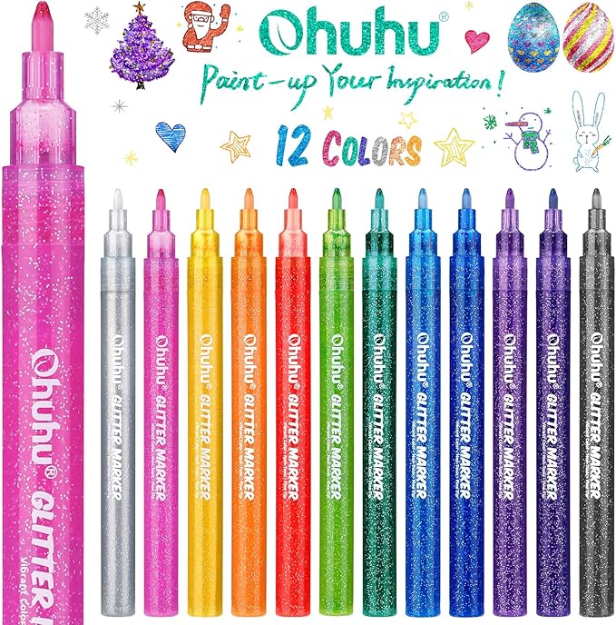 Ohuhu Glitter Markers Pen 12 Glitter Colors Metallic Shimmer Marker Fine Point Tip Water-based Ink for Kids Adults DIY Crafts Greeting Birthday Cards Making Poster Album Scrapbooking Mugs Wood