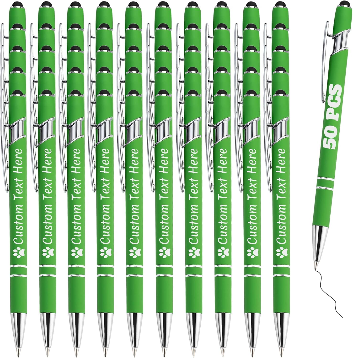 Personalized Pens Bulk 50 with Name Custom Engraving Ballpoint Pens with Stylus Tip Customized Smooth Writing Pens Personalized Gifts for Anniversary Birthday or Graduation(Light Green,Black Ink)