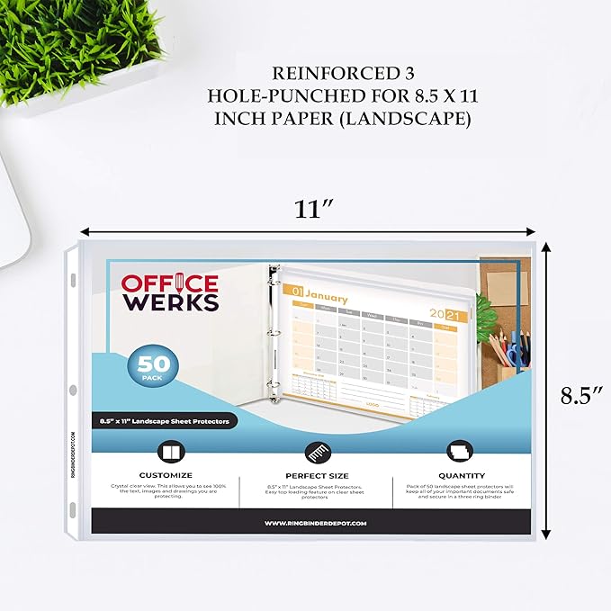 Performore 50 Sheet Protectors, Landscape Clear Page 8.5 X 11 Inch for 3 Ring Binder, Plastic Sheet Sleeves, Top Loading with 3 Hole-Punched Archival Safe, Non-Stick and Long-Lasting