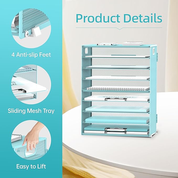 DALTACK 9-Tier Paper Letter Tray Desk Organizer with Handles, Mesh File Holder Organization, Paper Sorter Desk Organizer for Office Home School, Blue 2 Pack