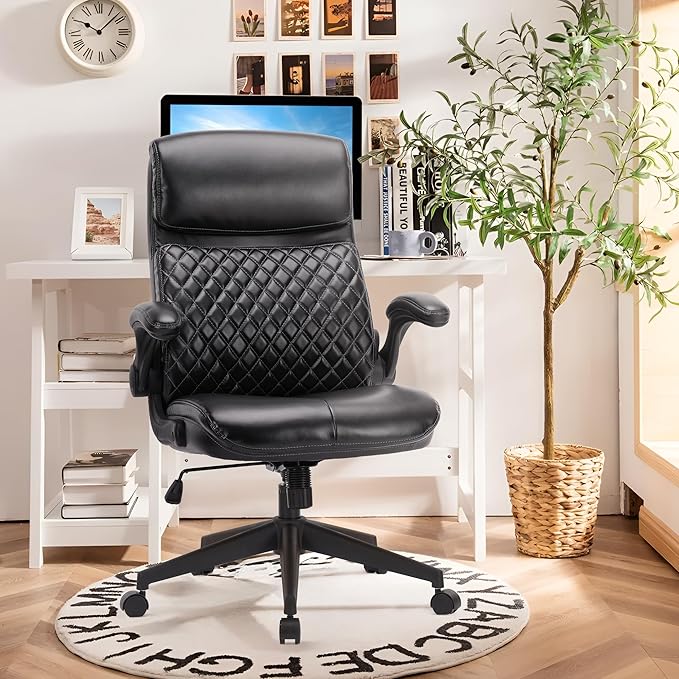 COLAMY Office Chair High Back Executive Computer Desk Chair, Ergonomic Home Office Chair with Padded Flip-up Arms, Adjustable Height and Tilt, Swivel Task Chair with Thick Leather, Diamond Black