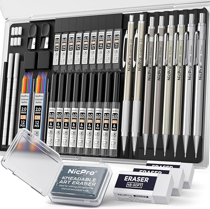 Nicpro 37PCS Metal Mechanical Pencil Set, 8PCS Drafting Pencil 0.5, 0.7, 0.9 mm & 2mm Lead Pencil Holder For Sketching Drawing With 20 Tube (6B 4B 2B HB 2H 4H Colors) Lead Refill Eraser -With Case