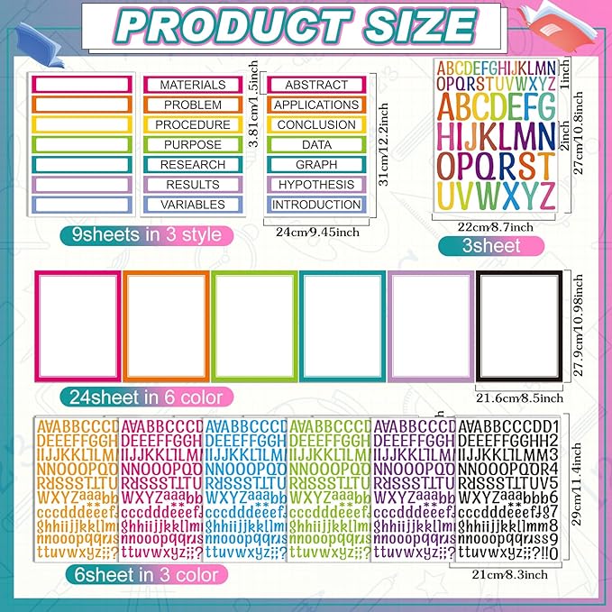 42 Sheets Science Fair Board Supplies 24 Self Adhesive Presentation Science Subtitles 9 Fair Project Titles 9 Personalized Letter Sticker Supplies for Classroom Office(Rainbow)