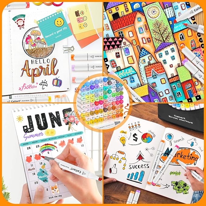 Caliart 51 Colors Brush & Fine Alcohol Markers for Adult Coloring Book, Dual Tip Artist Sketch Art Markers, Aesthetic Cute Preppy Stuff School Supplies, Pens for Lettering Drawing Cards Planner