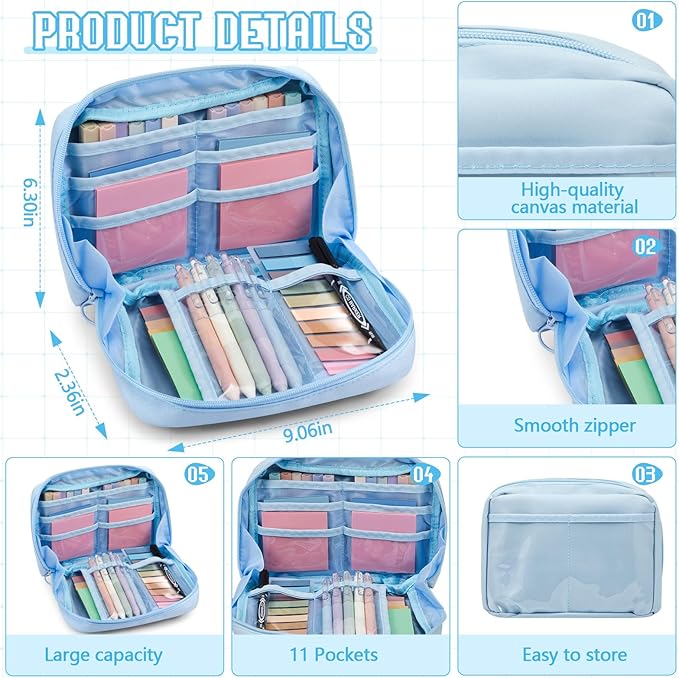 Jutom 39 Pcs Aesthetic Book Annotation Kit Pencil Case Bag with Highlighter Gel Pen 700 Sheets Transparent Sticky Notes Pads Index Tab Bible Study Supplies for School(Blue,Kawaii Style)