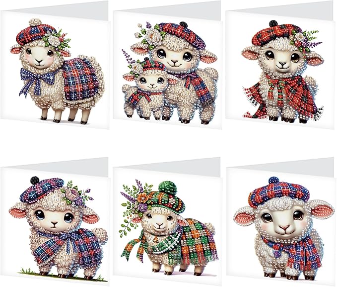 6pcs Diamond Art Painting Kit Greeting Card, Hat Goat 5D DIY Diamond Handmade Holiday Glitter Greeting Card with Envelope, Holiday Gift Congratulation