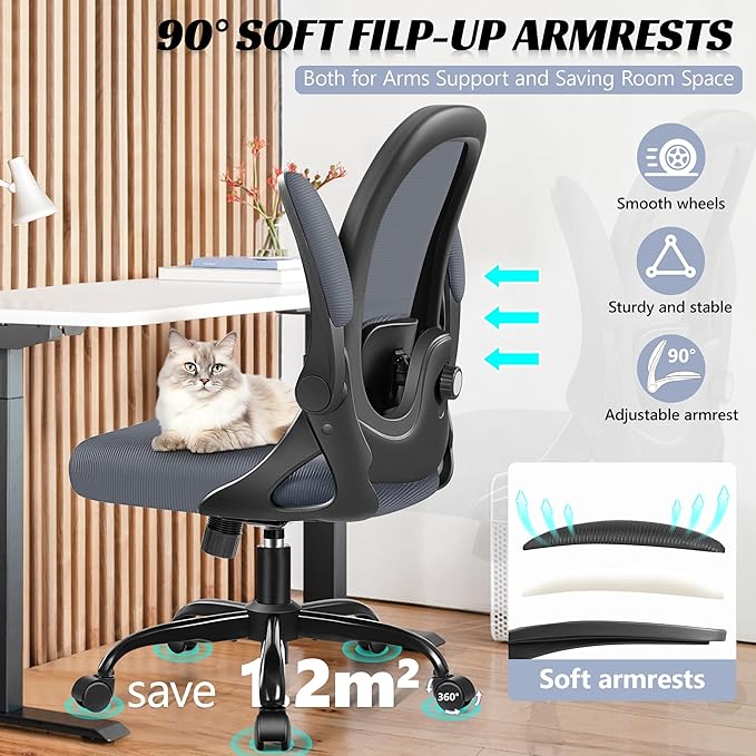 Office Chair Ergonomic Desk Chair with Adjustable 3D Lumbar Support and Height, Comfy Mesh Computer Chair with Flip-up Armrests, Swivel Rolling Task Chair with Wheels (Dark Gray)