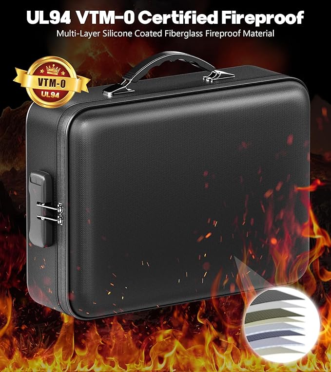 Fireproof Document Box with Water-Resistant Zipper, Hard Case Fireproof Box with Lock, Portable Hard-Shell Fire Safe Box, Large Capacity File Organizer for Important Documents, Laptop (Black, M)