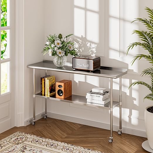 Stainless Steel Table with Wheels 18 x 60 Inches Metal Prep Table with Backsplash & Caster, Adjustable Undershelf for Commercial Kitchen, Outdoor, Restaurant, Hotel & Garage