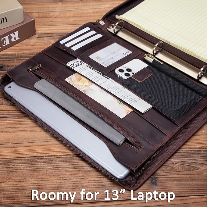 Personalized Genuine Leather Portfolio with 3 Ring Binder, Full Grain Leather Padfolio Zippered, A4 Notebook Holder Customized Professional Folder Organizer Gift for Men and Women, Dark Brown
