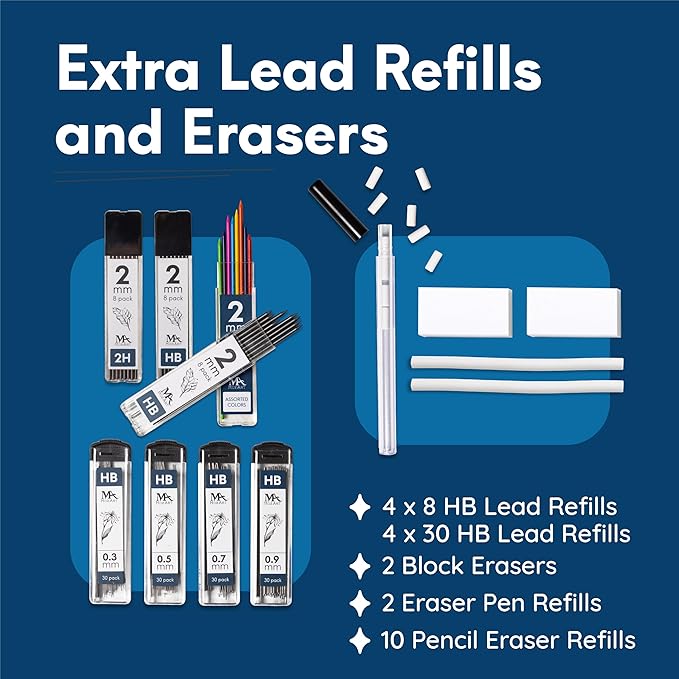 MozArt Illustrator Set with Case-4 Sizes: 0.3,0.5,0.7&0.9mm with 4x8HB & 30HB Lead Refills, Eraser Pen with 2 Jumbo Refills Compass with Block Eraser