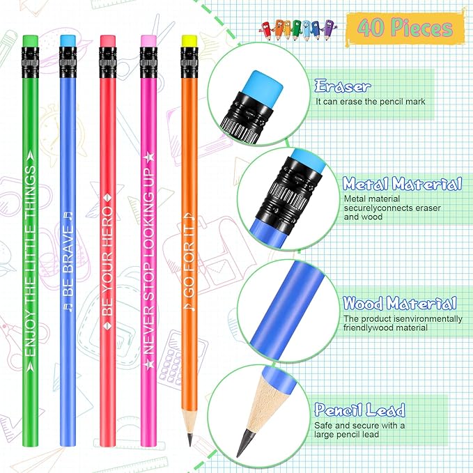 Eersida 40 Pcs Color Changing Mood Pencil with Motivational Sayings, 2B, Fun Assorted Thermochromic Pencils with Eraser(Classic Color,Motivational Style)