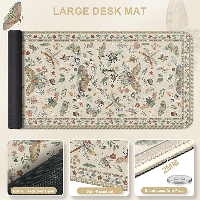 iLeadon Desk Pad Mat,Keyboard Wrist Rest and Mouse Pad Set,Full Desk Mouse Pad Extra Large for Computer Keyboard,Massage Mousepad+Cup Coaster with Non-Slip Base for Home Office,Beige Insect