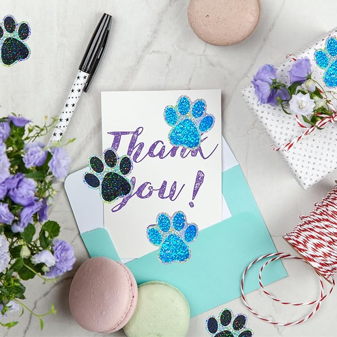 2 Inch Paw Stickers,300Pcs Sparkle Blue Paw Stickers,Self-Adhesive Holographic Shiny Bear Paw Stickers Roll for Kids Birthday Decor Envelopes Seals Cards Gift Wrap