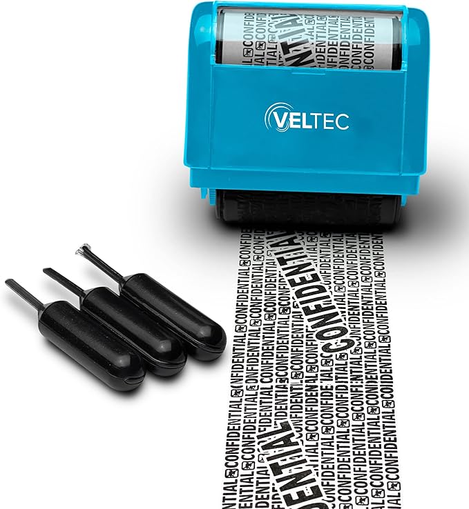 Veltec ID Protector Ink Roller - Identity Theft Protection Roller Stamp Set (Blue, Stamp+3 Refills)