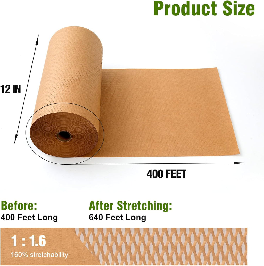 Honeycomb Packing Paper 12" Width X 400 FT for Moving Glass Dishes Recyclable Wrapping Paper Bubble Wrap Packing Material for Shipping Fragile Items Shipping Filler with 20 Fragile Stickers