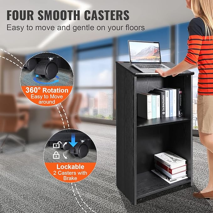 VEVOR Speaker Podium, 47-inch Mobile Lectern with 4 Casters, Wooden Presentation Stand with Shelves, Angled Top, for Church, Office, School, Home Use, Black