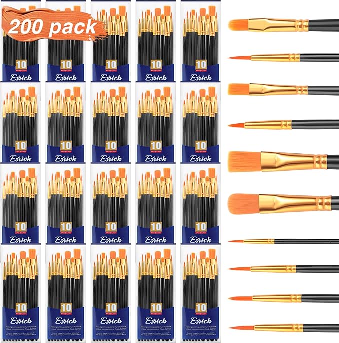 ESRICH Acrylic Paint Brushes Set, 20 Packs / 200 Pcs Nylon Hair Paint Brushes,Paint Brush Set Suitable for Oil,Watercolor,Rock Body Face Art, Kids Adult Perfect Art Painting Craft Paint Brush Kits.
