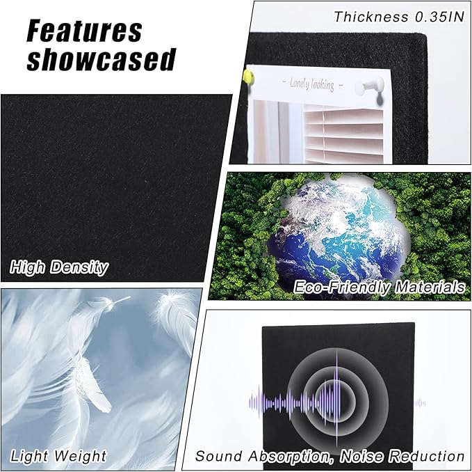 Large Cork Board 36" x 24", 6 Pack Felt Wall Tiles with Colored 30 Pcs Pushpins, Black Bulletin Board with Removable Self-Adhesive Strips, Pin Board Cork Boards for Walls Office Home- Black