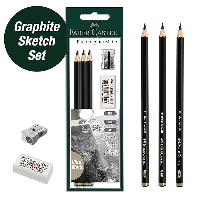 Faber-Castell 3 Count Pitt Graphite Matte Tin - HB, 2B, 4B - Matte Black Graphite Pencils
